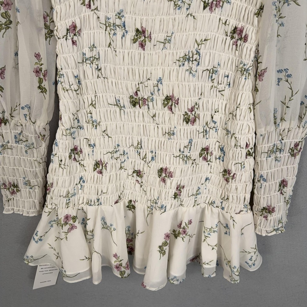 For Love & Lemons Dress Womens Medium White Floral Smocked Mini Puff Sleeve NWT - Picture 11 of 14